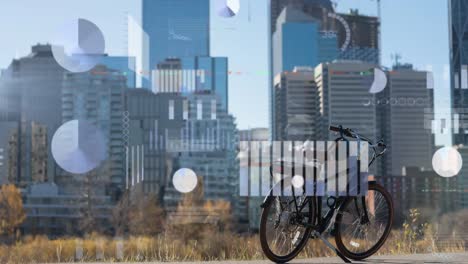 Animation-of-multiple-graphs-and-loading-circles-over-bicycle-parked-against-modern-city