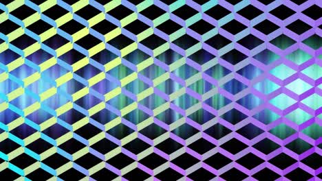 Animation-of-blue-to-purple-mesh-over-glowing-blue-and-green-stripes