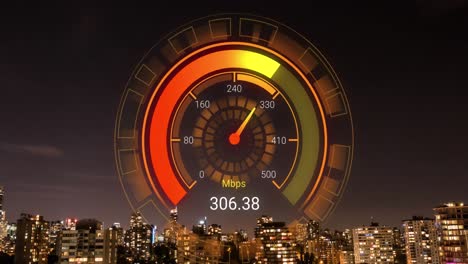 animation of orange speedometer over night cityscape