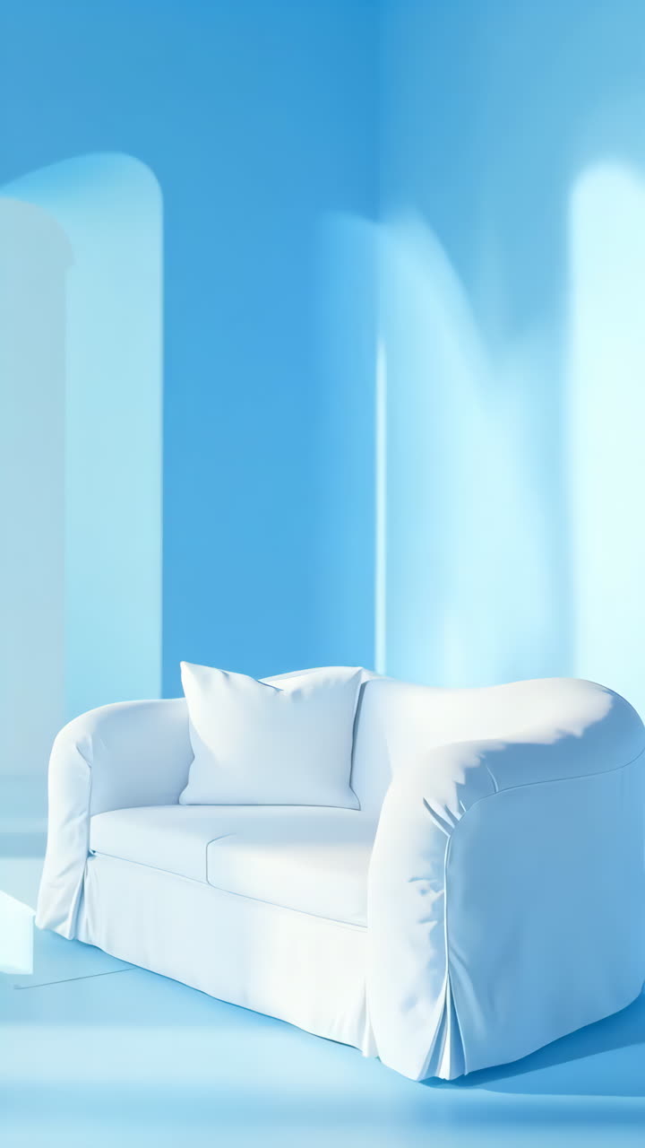 White Sofa in a Serene Blue Room with Arch Shadows