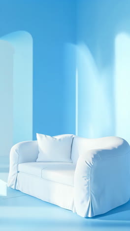 white sofa in a serene blue room with arch shadows
