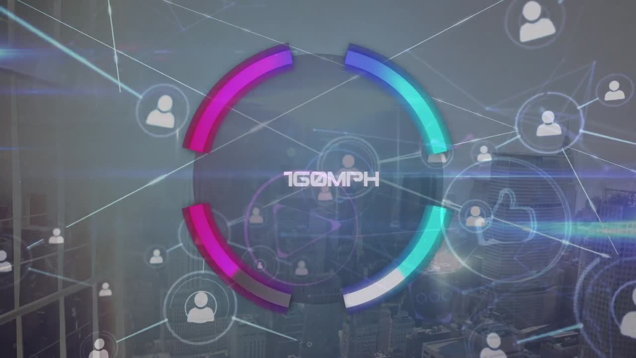 animación de la red de conexiones y procesamiento de datos sobre el paisaje urbano