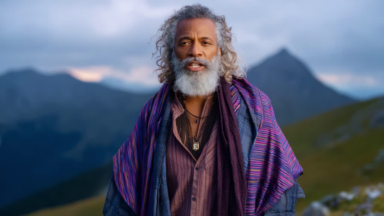 Un uomo contemplativo è in piedi tra maestose montagne, avvolto in un tessuto colorato, incarnando saggezza e forza su uno sfondo di natura serena.
