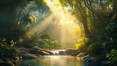 sunlight streams through lush jungle