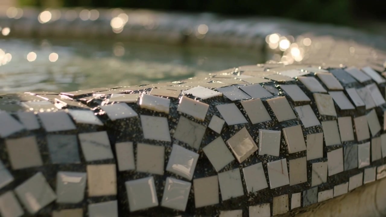Cámara desplazándose revelando un borde de mosaico curvo en el jardín, capturando azulejos mojados y agua ondulante.