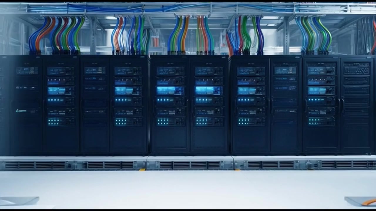 Modern Data Center Server Room with Rows of Computing Racks