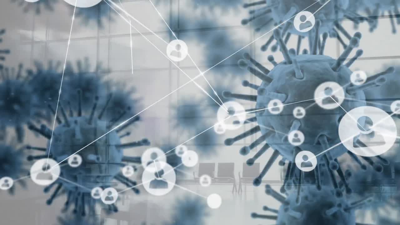 연결과 사람 아이콘의 네트워크를 통해 퍼지는 거대 코로나바이러스 세포의 애니메이션