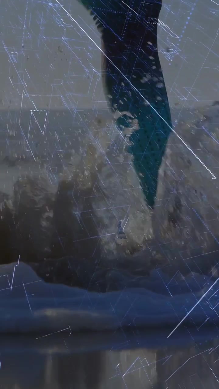 Video verticale: Donna a piedi nudi che cammina sulla riva, le dita dei piedi sfiorano le onde, creando sovrapposizioni AR per il design