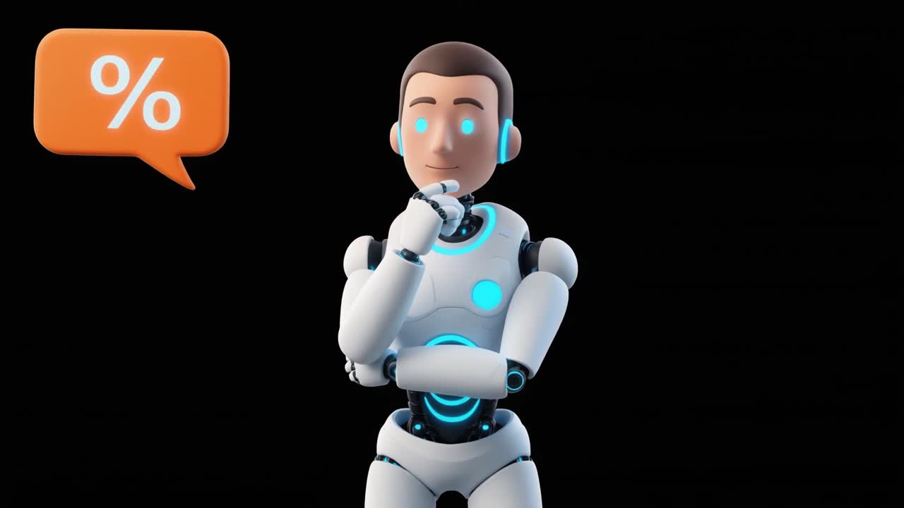 Personaggio robot AI che pensa con simbolo di percentuale