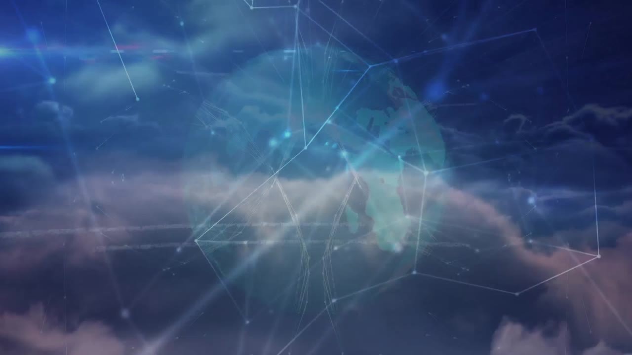 Animation of networks of connections with icons and globe over sky