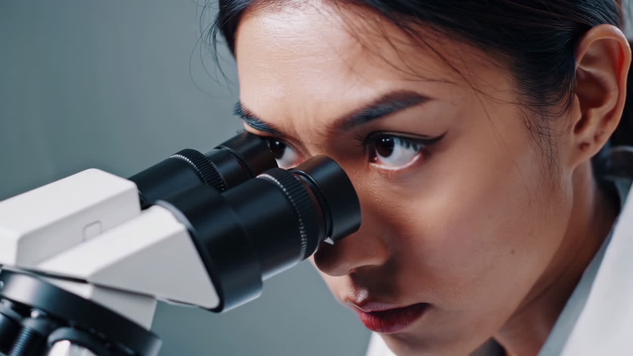 Female Scientist Conducting Research with a Microscope in a Laboratory