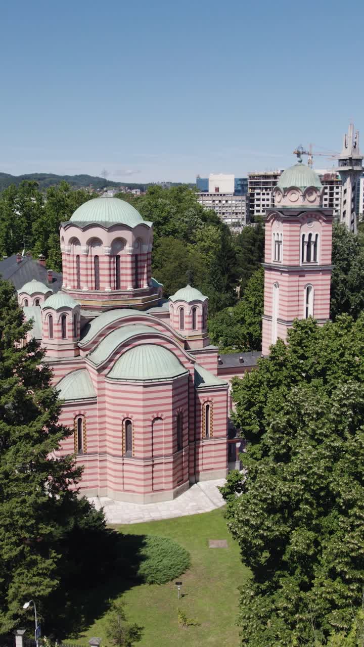 Trinity Orthodox Church in the center of Banja Luka. Aerial vertical