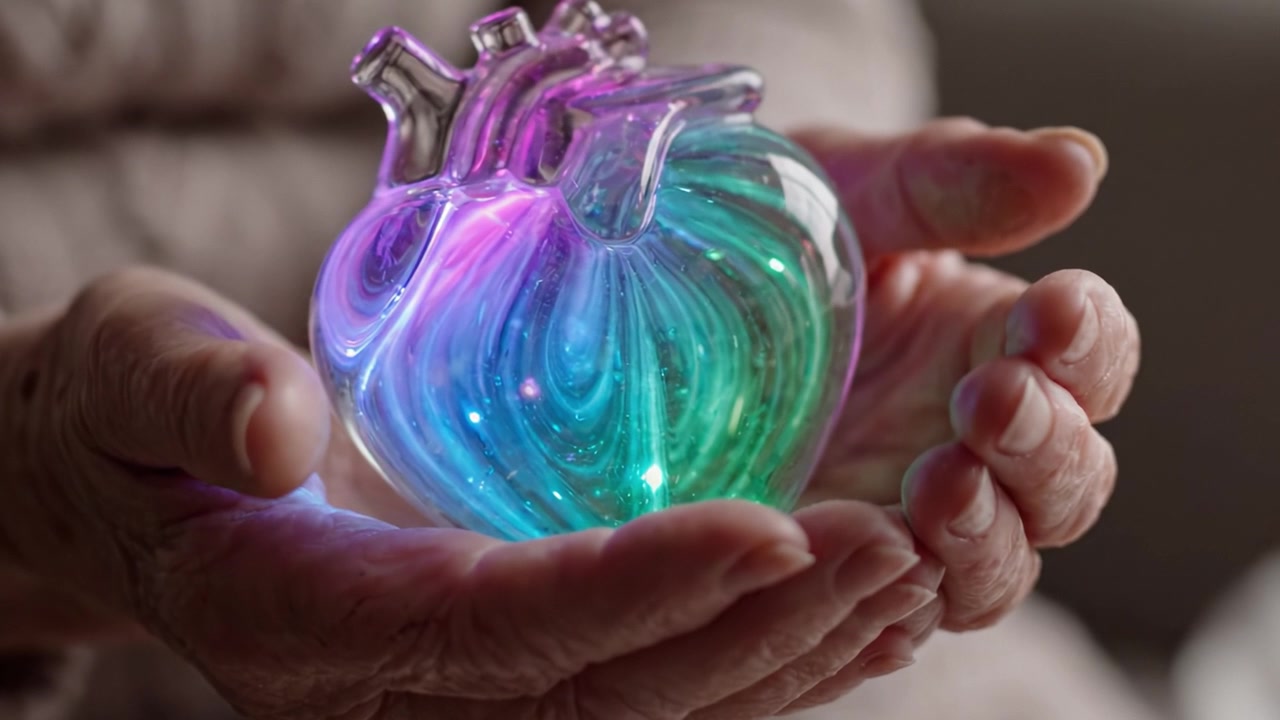 Um Coração Luminoso: Peça de Arte em Vidro Cativante Iluminada por Mãos Gentis, Enfatizando Emoção e Artesanato em uma Comovente Exibição de Beleza