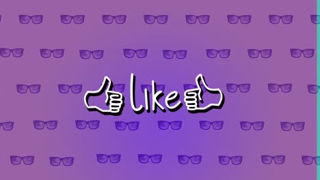 Animation-of-like-text-with-icons-over-glasses-icons-on-purple-background