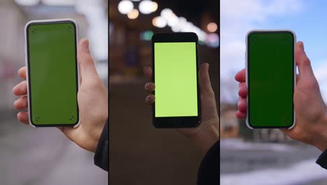 collage of hands using cellphone green screen