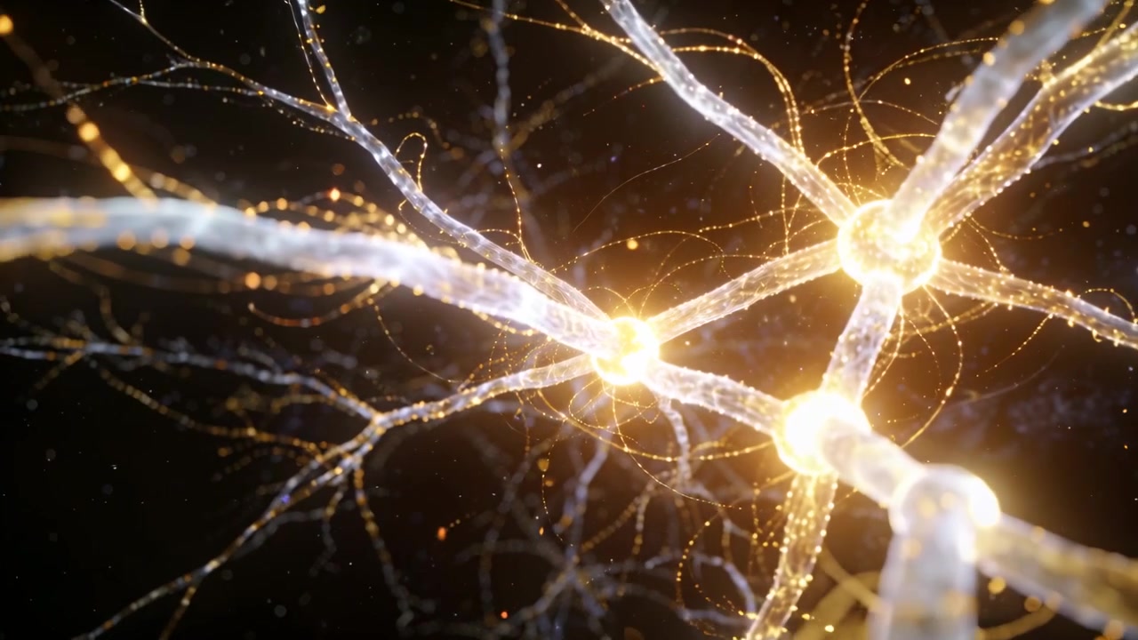 Pulsing after soft glow, tri-node cluster sending golden trails along axons in dark field signaling
