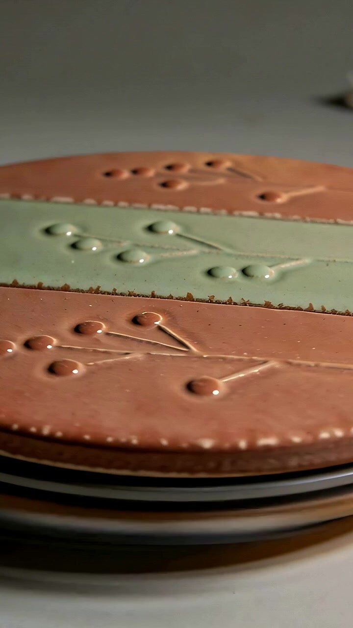 Vertical video: Studio turntable rotating ceramic top, showing green or orange segments and twig mot