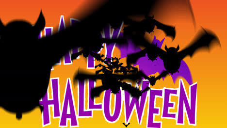 animación de saludos de halloween y murciélagos volando sobre un fondo naranja
