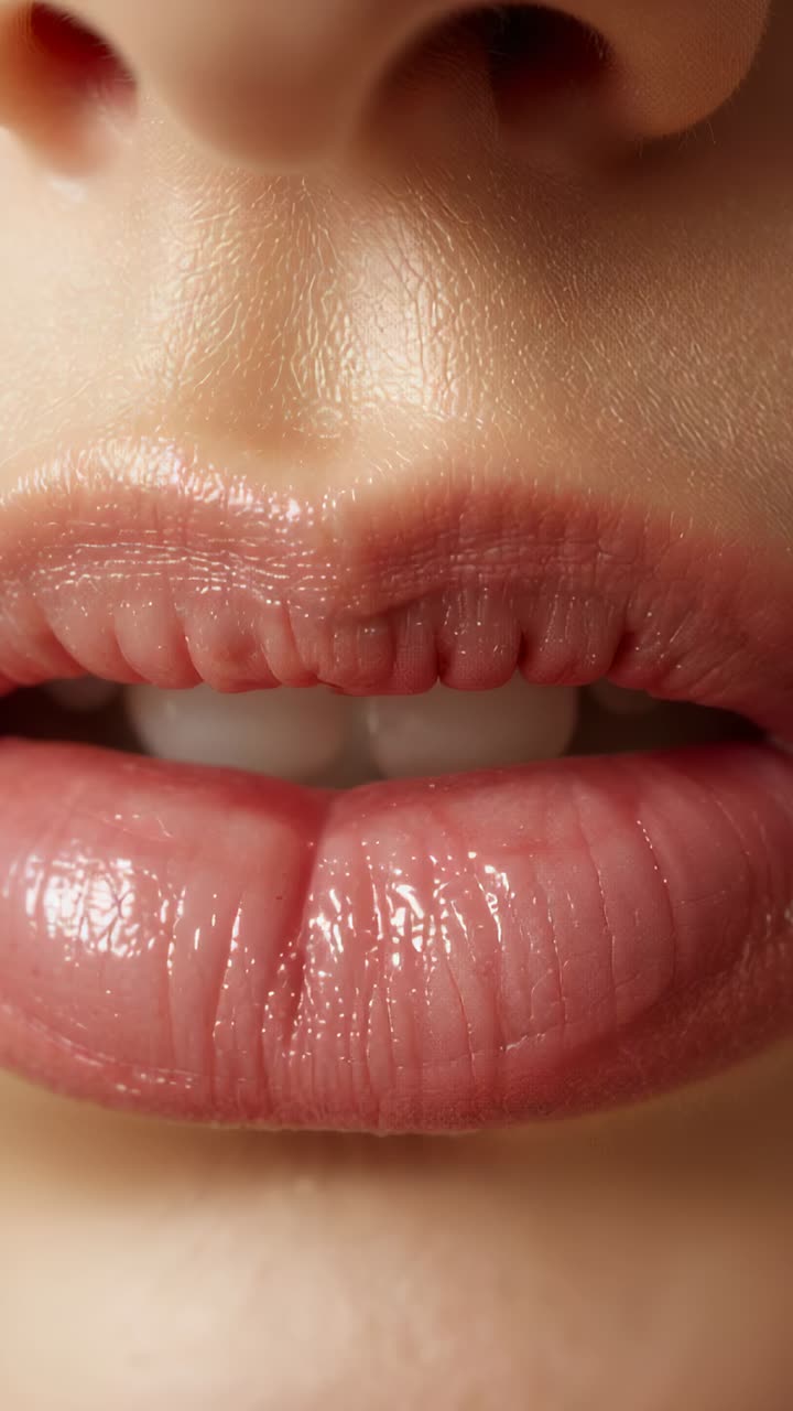 Vertical video: Opening woman's mouth revealing lips front teeth and philtrum in studio closeup