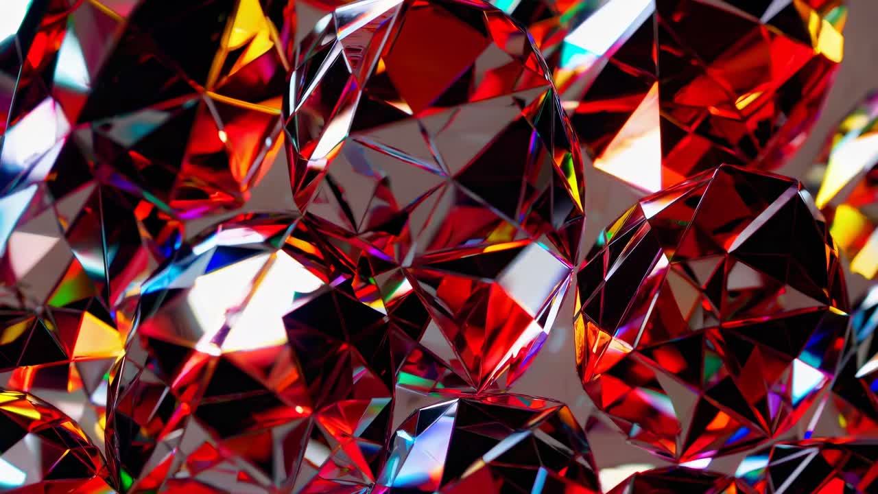 Close-up video of multifaceted blue and red crystals, capturing light reflections