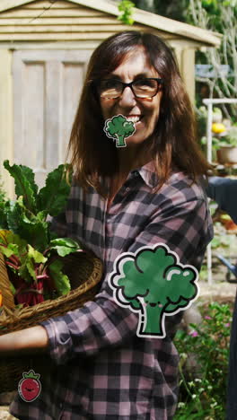 animation of vegetables icons over happy caucasian woman with vegetables