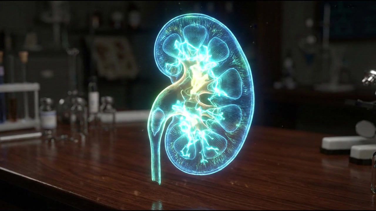 Glowing 3D human kidney organ urology medical hologram