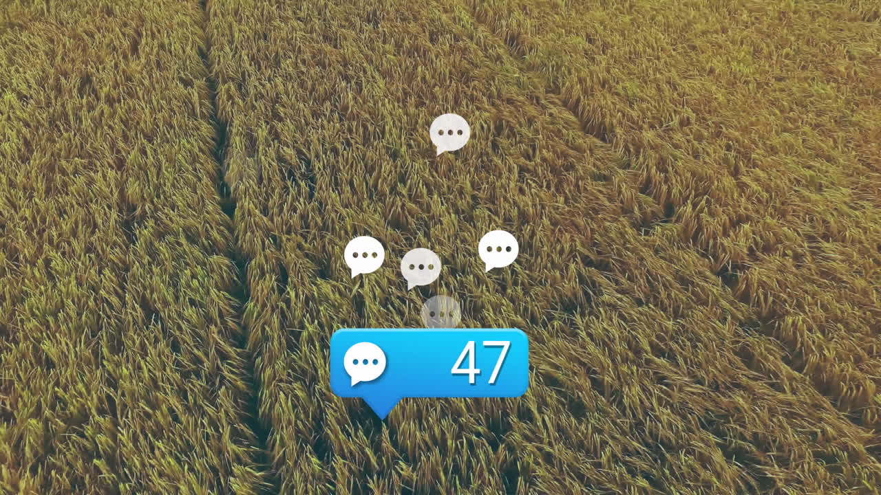 Chat notifications floating over golden crop field, highlighting blue bubble showing number 43