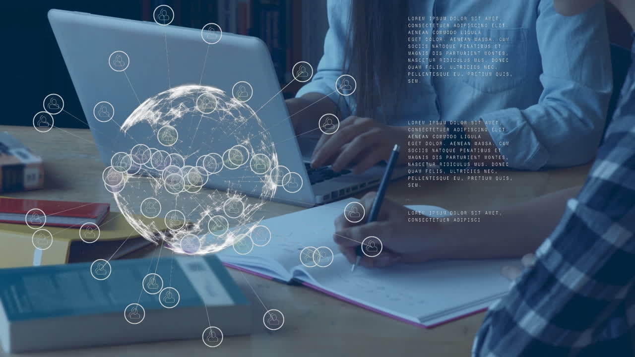 다양한 학생들이 노트북을 작성하고 사용하는 중간 섹션에 대한 글로벌 네트워크와 데이터의 애니메이션