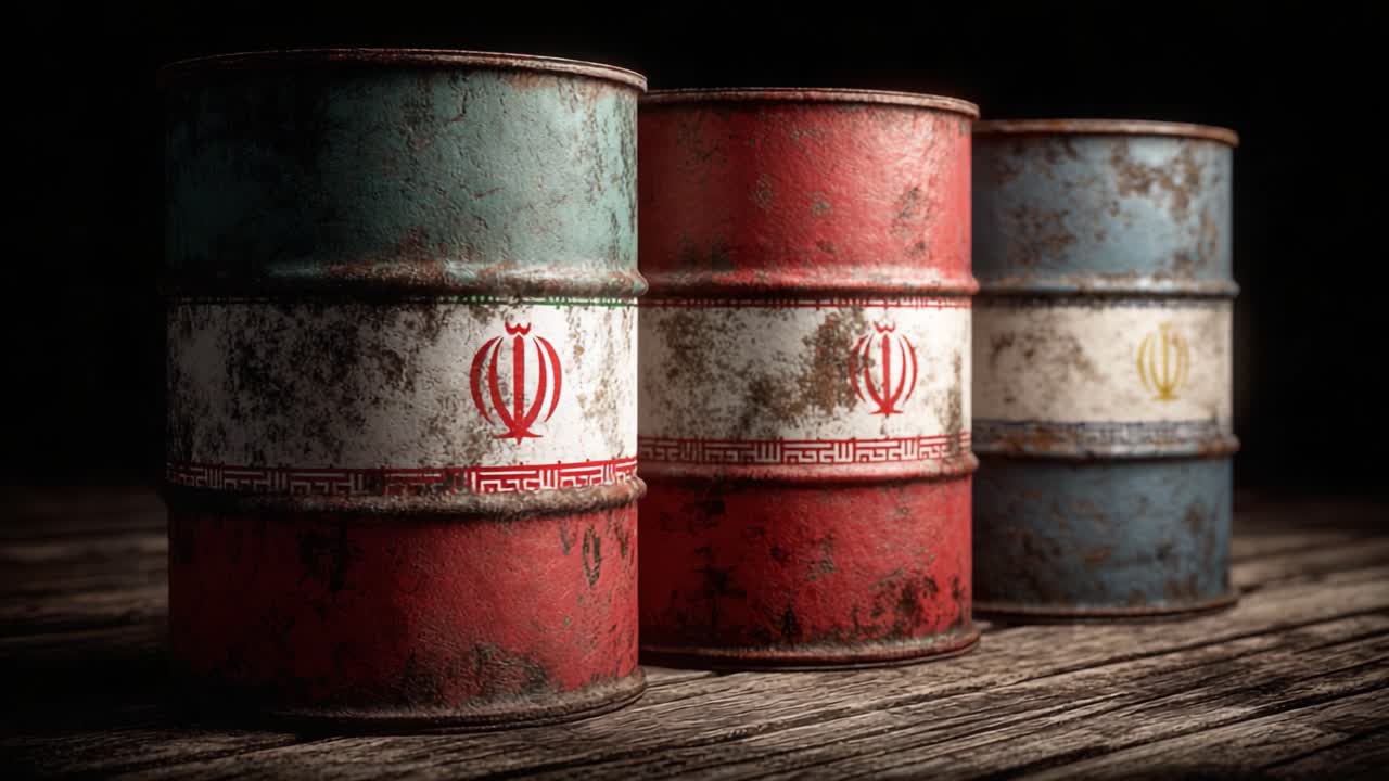 Rostige Industriefässer mit ramponierten iranischen Flaggen auf einer Holzoberfläche: Eine visuelle Studie von Verfall, Textur und Symbolik in einer schwach beleuchteten Umgebung