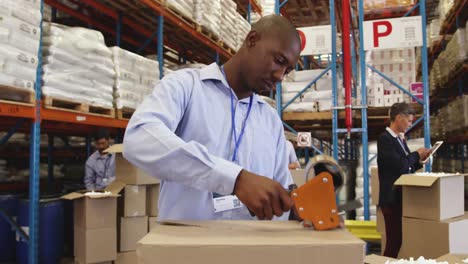 Staff-in-a-warehouse-packing-boxes-for-delivery-4k