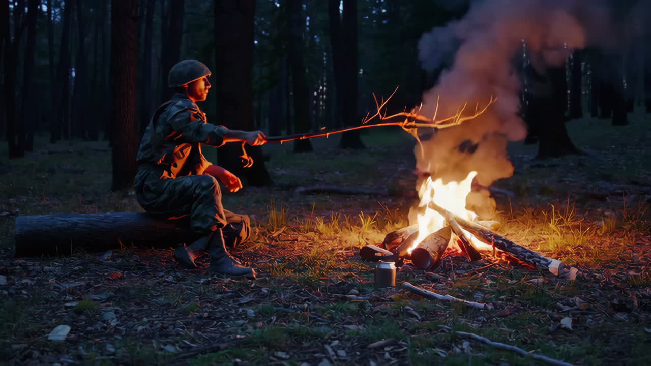 Soldat ved leirbål i skogen om natten
