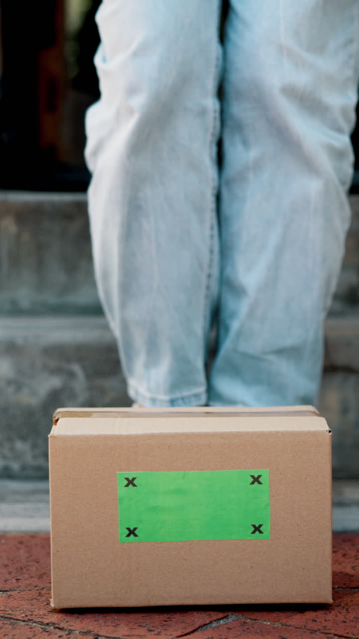 Persona che ritira un pacco con etichetta a schermo verde dalla porta di casa