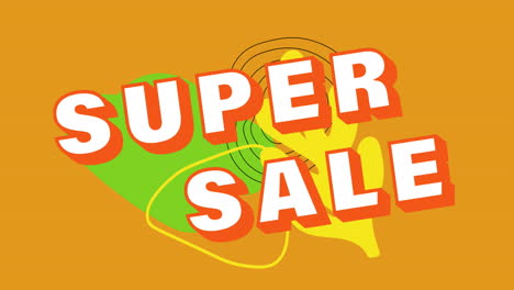 animation von super-verkaufstext auf abstrakten formen auf orangefarbenem hintergrund