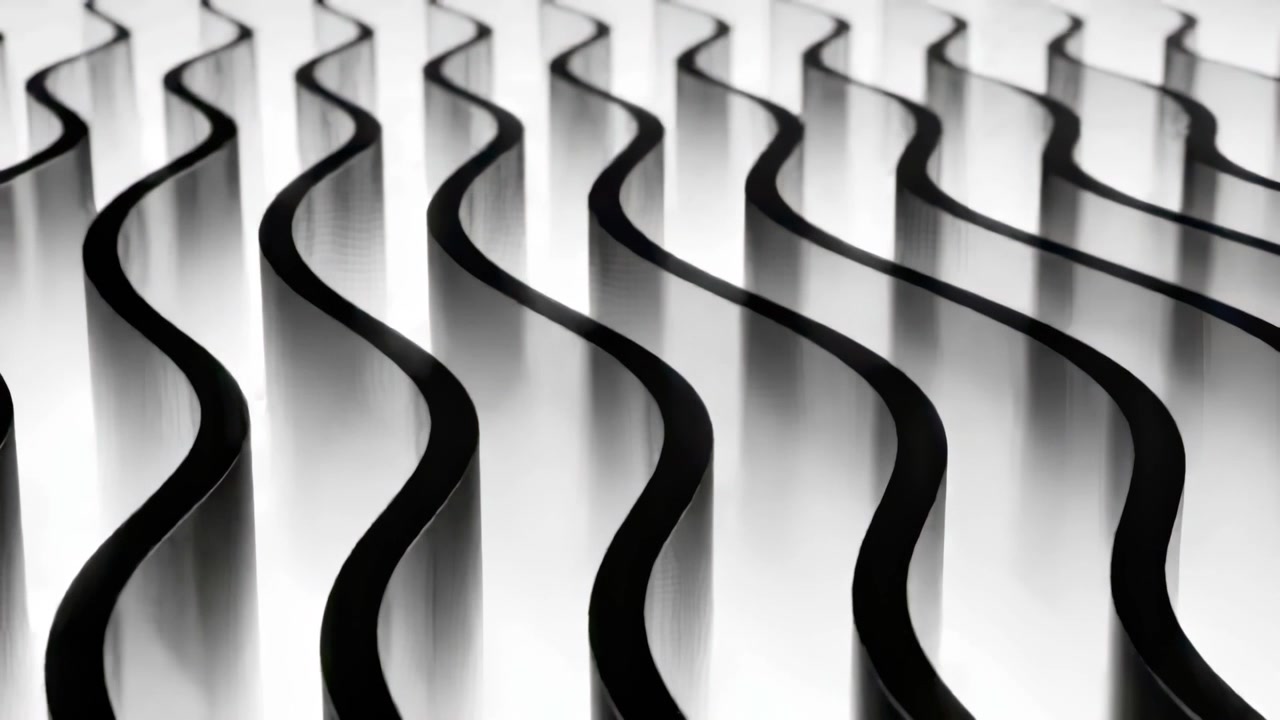 Shifting exposure emphasizing S-shaped strips in studio, casting soft shadows on bright base