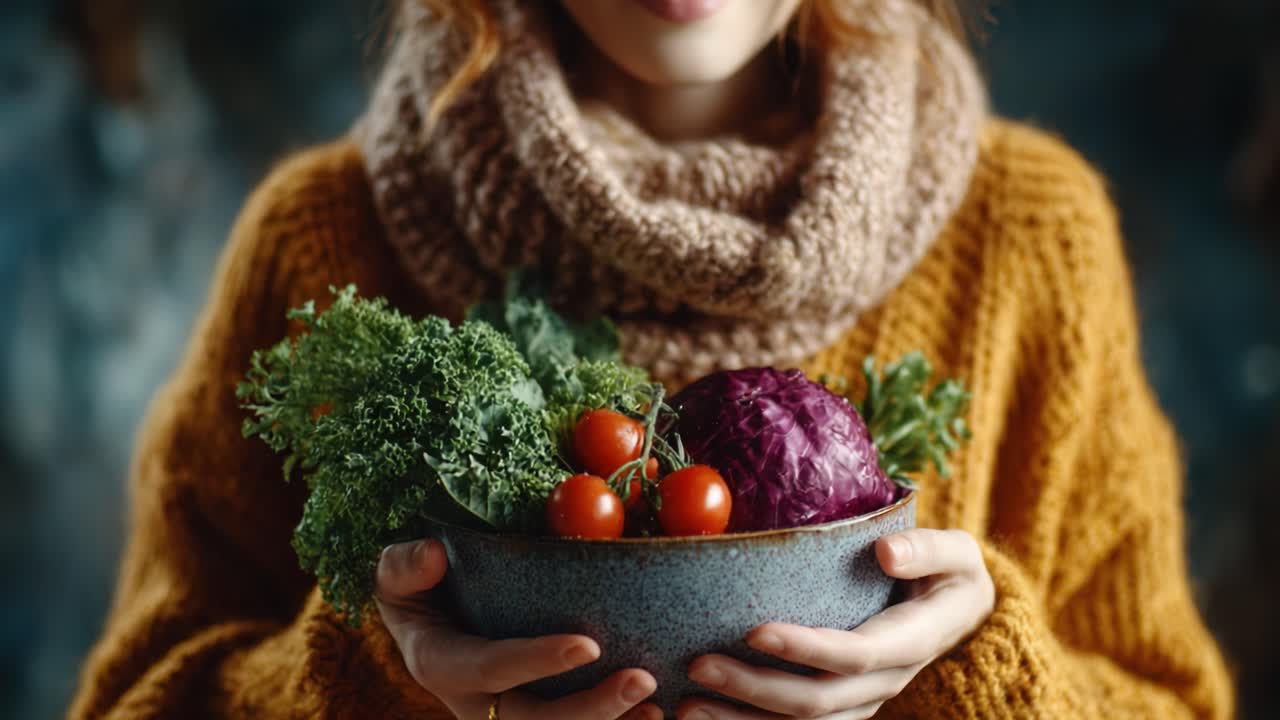 A Warm Embrace of Freshness: A Woman in Cozy Knit Sweater Holds a Bowl Overflowing with Colorful Vegetables, Celebrating Nature's Bounty and Healthy Living