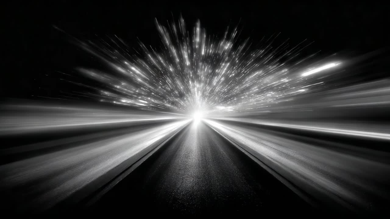 Dynamic Motion Through a Mystic Corridor: An Artistic Representation of High-Speed Journey Captured in Two Frames, Featuring Light Trails and an Expansive Perspective