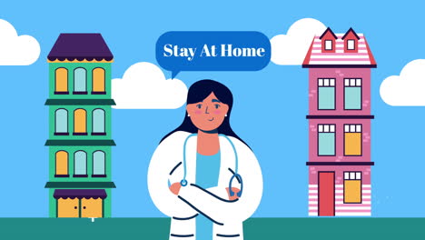 female doctor with buildings stay at home