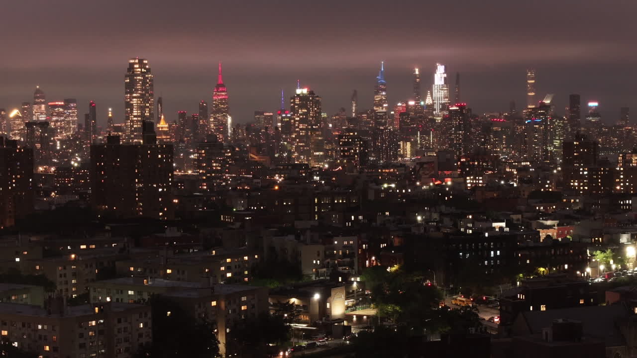 Aerial view of the New York City skyline an a rainy night