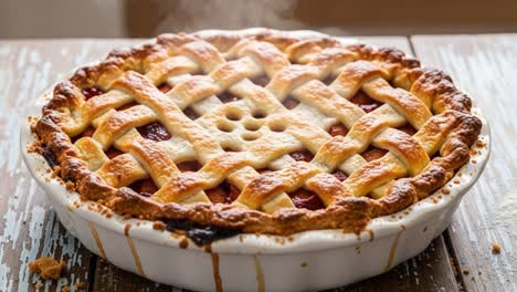 freshly baked pie: a deliciously golden brown lattice crust with steam rising, showcasing the perfectly cooked filling in a rustic kitchen setting