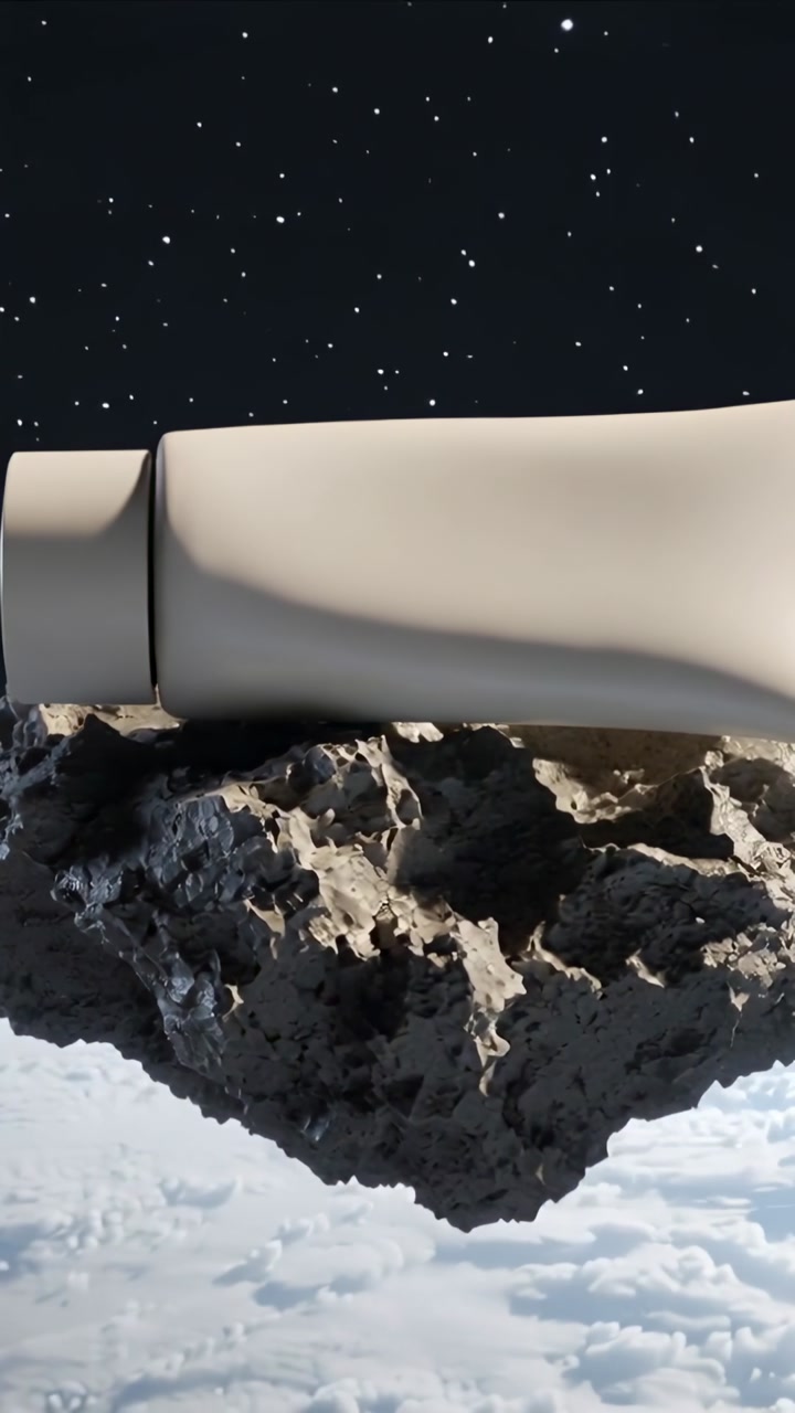 Vertical video: Beige tube resting on floating rock, camera panning, revealing nozzle for branding
