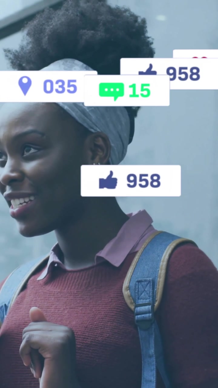 Animation af medieikoner over afroamerikansk kvinde, der taler i smartphone