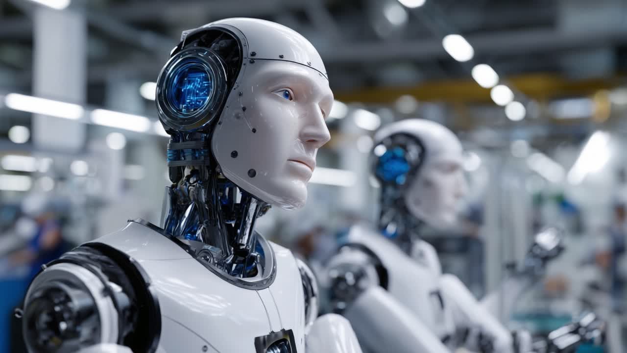 Futuristic Robots in a High-Tech Factory Setting: Examining Advanced Automation, Innovation, and the Future of Robotics and Artificial Intelligence in Industry