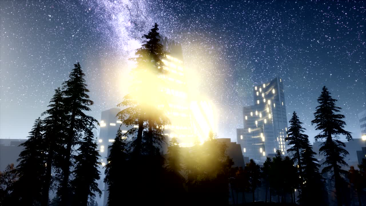 밤에는 은하계의 별들과 함께 도시의 마천루