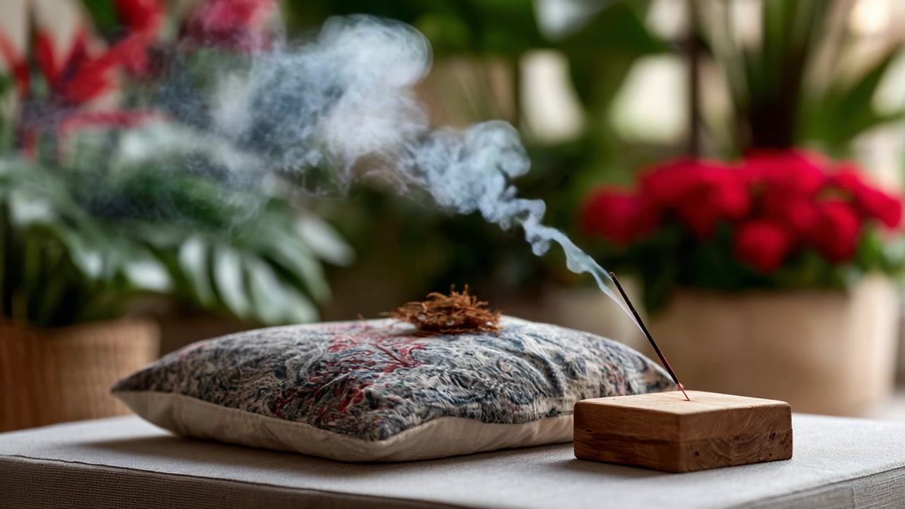 Un'Elegante Esperienza Aromatica: Volute di Fumo d'Incenso che Salgono Delicatamente da un Porta Incenso Rustico su un Morbido Cuscino Ricamato in un Ambiente Interno Sereno e Lussureggiante