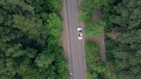 vertical aerial view wedding couple sits in convertible