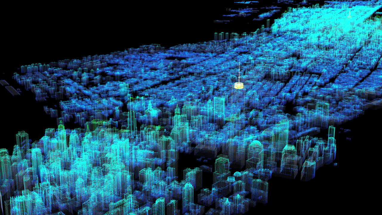 사이버 공간 배경 환경에서 디지털로 생성 된 이미지 홀로그램 뉴욕 시의 미래의 헤드 업 디스플레이