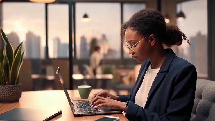 Young African American Businesswoman Typing on Laptop in Modern Office