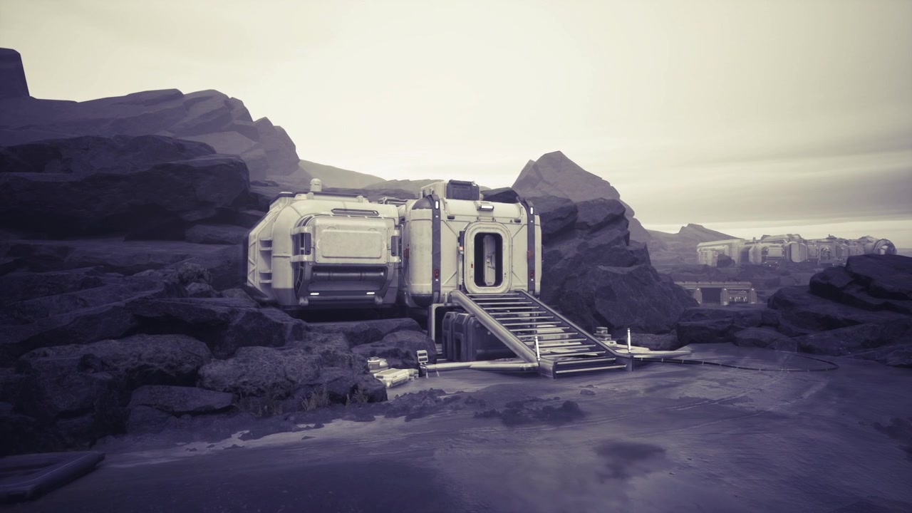 Rifugio minimalista di stazione spaziale con isolamento protettivo e punto d'accesso.