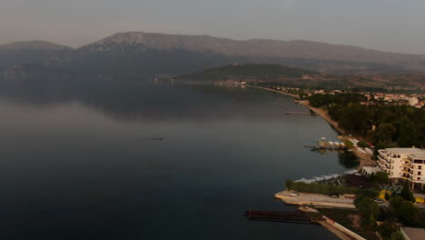 aerial view over lake ohrid shoreline in pogradec,  albania, europe.