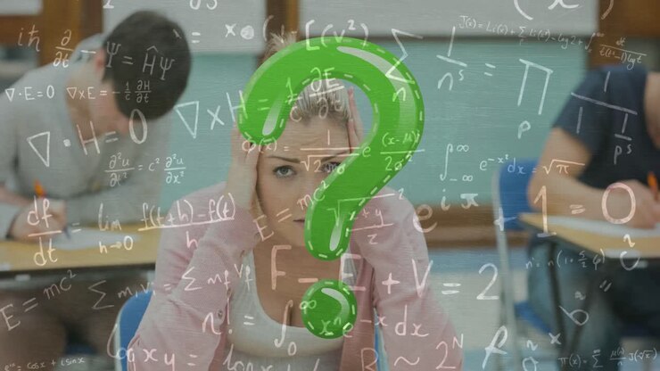 Animation of question mark and mathematical equations over diverse students in classroom
